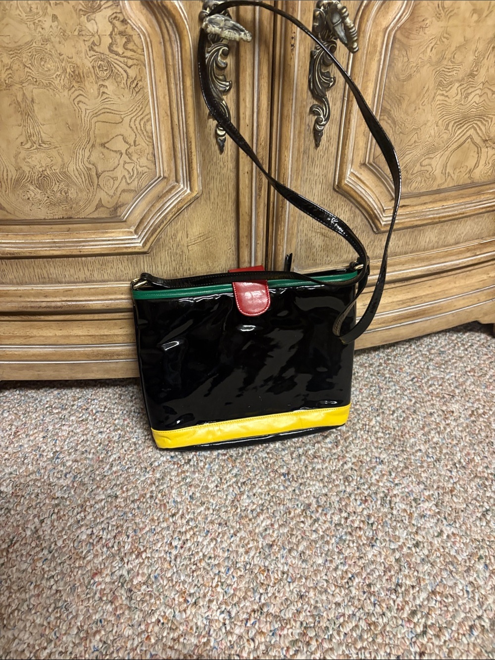 Black Patent Crossbody Bag with Leather Yellow Accent and Red Trim vintage ‘80’s